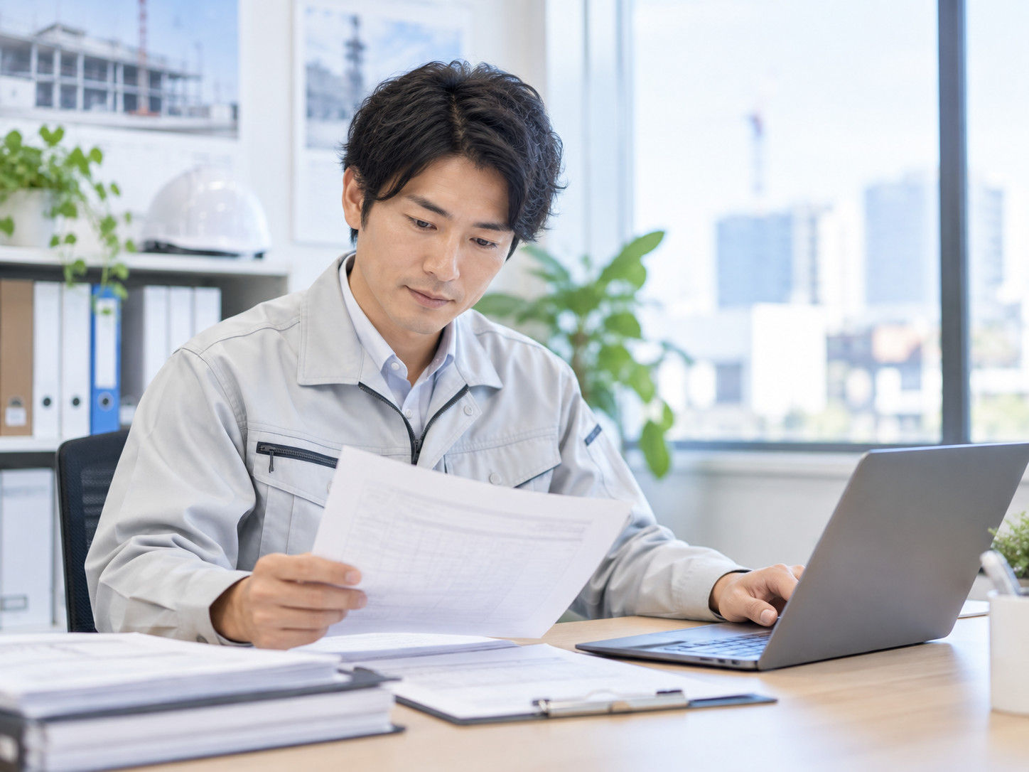 現場から戻り、書類を見ながら日報を作る作業着の男性